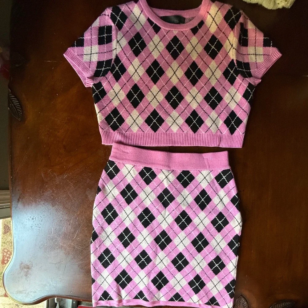 Coco and Shay Pink Argyle Knit Crop Top and Mini Skirt Set JT4776-SET Womens M